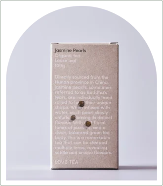 Organic tea product on a grey background