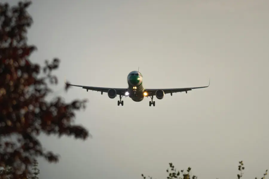 a picture of an airplane flying near the woods